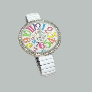 Geneva Platinum Womens Stretch White Band Round Rhinestone Face Colorful Numbers